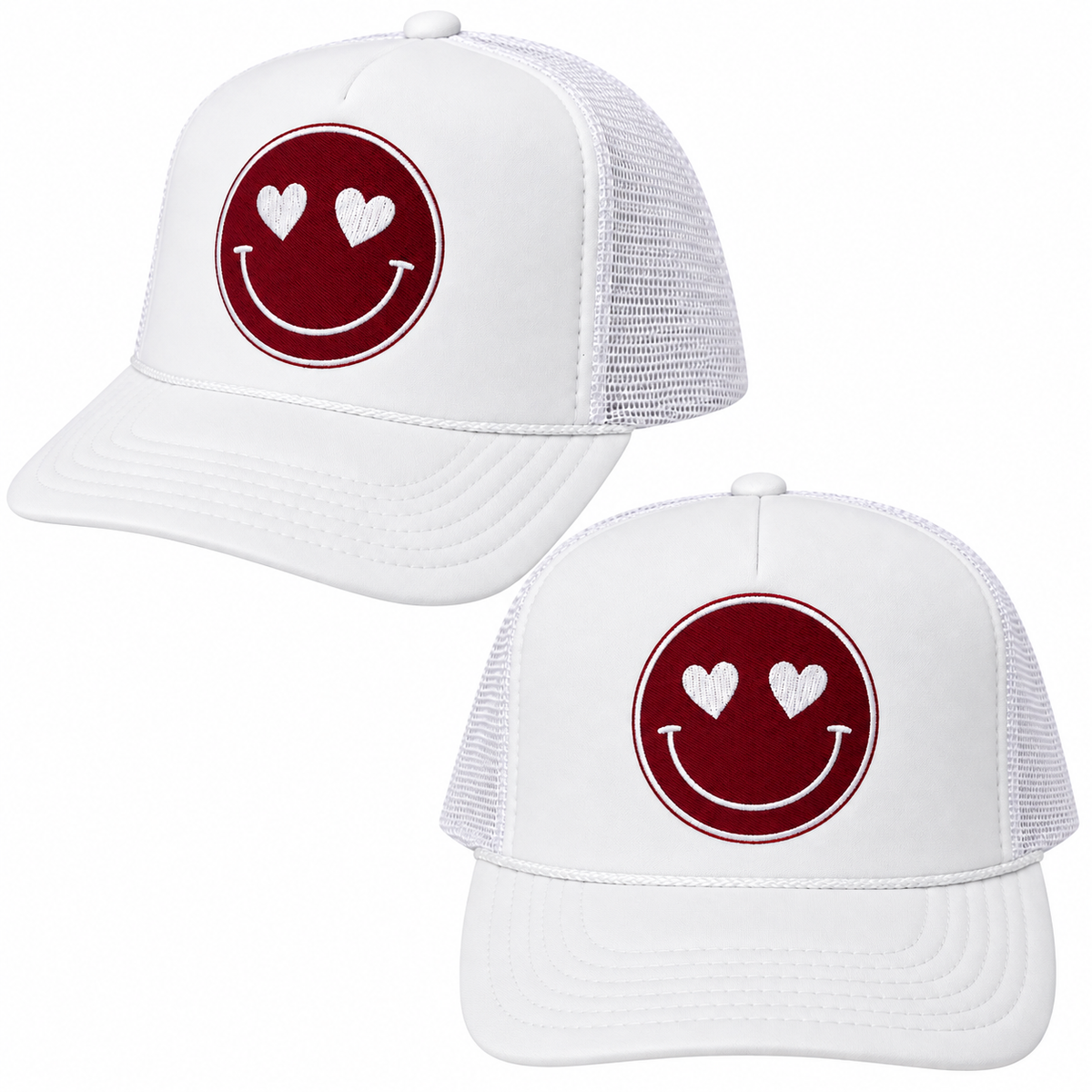 White & Maroon Happy Fan Trucker Hat