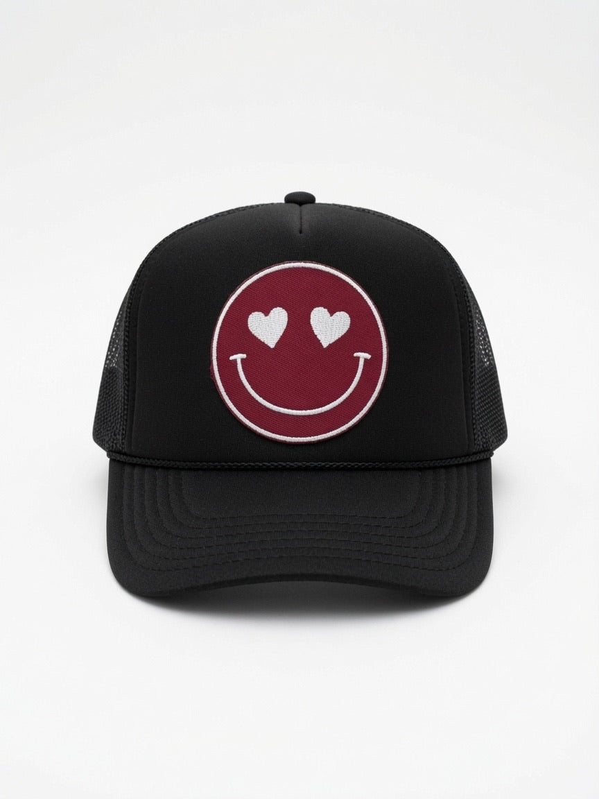 Black & Maroon Happy Fan Trucker Hat