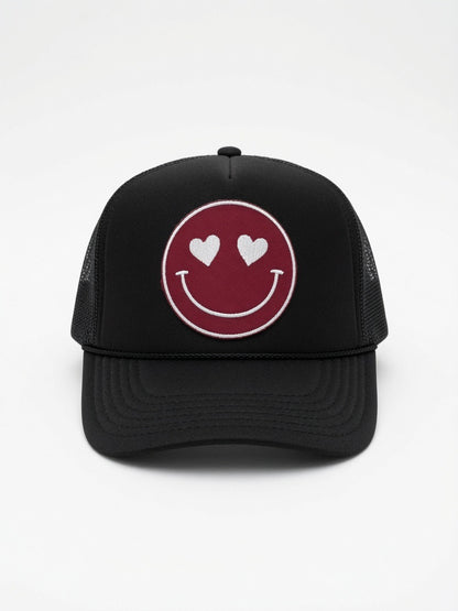 Black & Maroon Happy Fan Trucker Hat