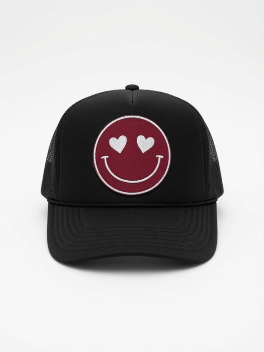 Black & Maroon Happy Fan Trucker Hat